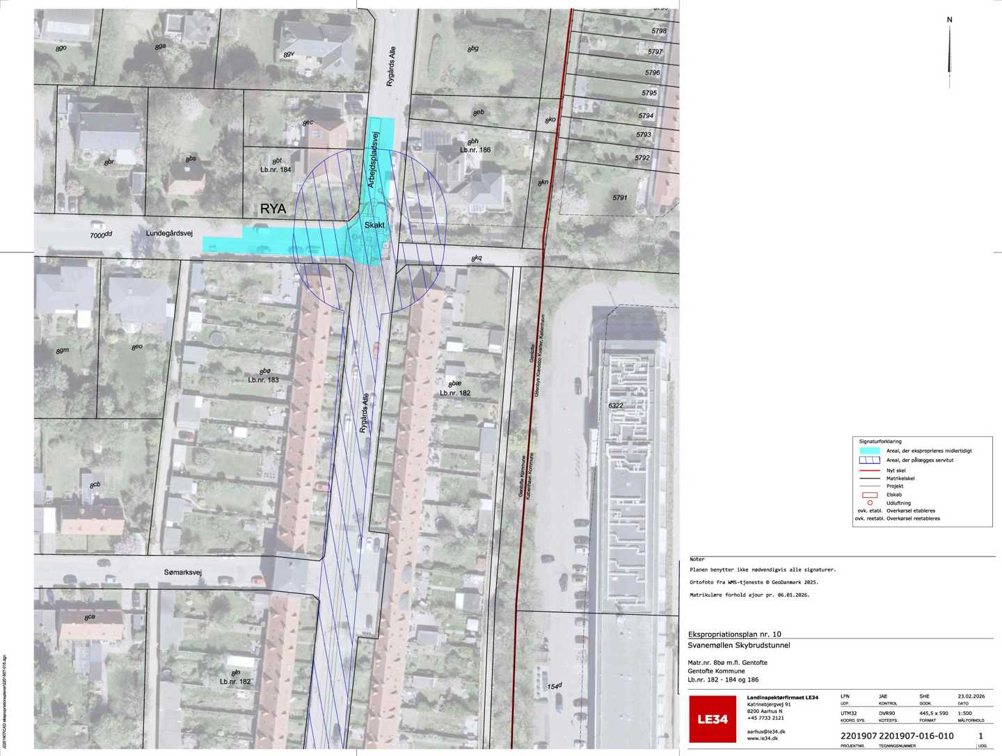 Ekspropriationsplan nr. 10 for byggepladsen RYA samt en delstrækning af tunnelen vedr.  lb.nr. 182-186. Ekspropriationsplanen viser areal der eksproprieres midlertidigt til byggeplads samt areal der pålægges en servitut langs tunnelens tracé.