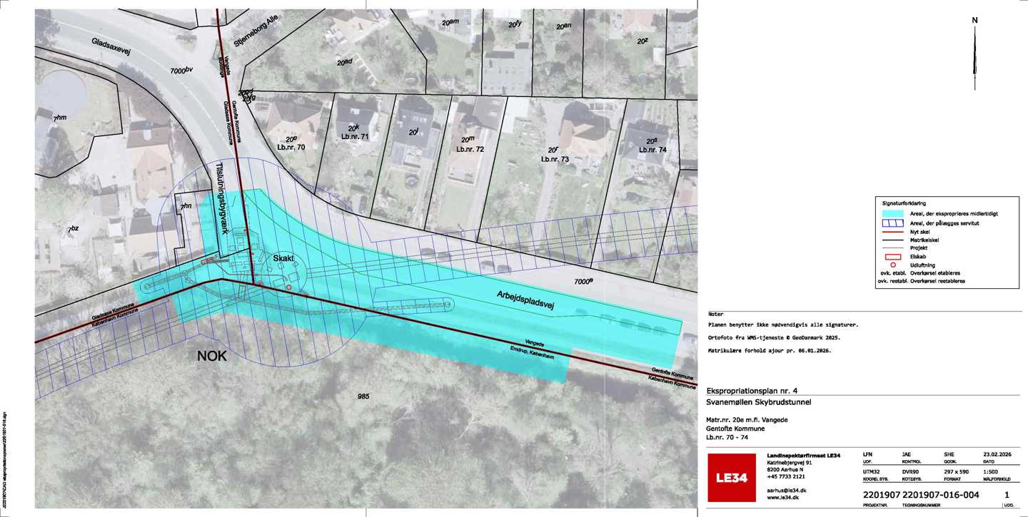 Ekspropriationsplan nr. 4 for byggepladsen NOK, placeret ved Nordkanalen på Gladsaxevej vedr. lb.nr. 70-74. Ekspropriationsplanen viser areal der eksproprieres midlertidigt til byggeplads samt areal der pålægges en servitut langs tunnelens tracé.