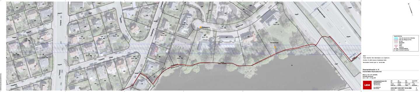 Ekspropriationsplan nr. 8 for en delstrækning af tunnelen vedr.  lb.nr. 159-174 og 193. Ekspropriationsplanen viser areal der pålægges en servitut langs tunnelens tracé.