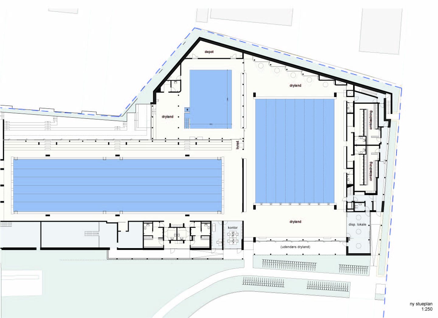 Tegningen viser stueplan med de to nye bassiner, forbedret handicapomlæsning, nye klublokaler og omklædningsrum