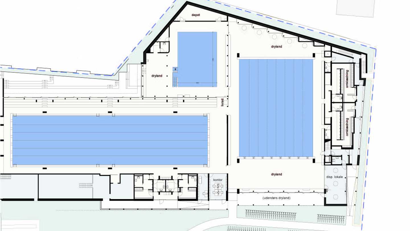 Tegningen viser stueplan med de to nye bassiner, forbedret handicapomlæsning, nye klublokaler og omklædningsrum
