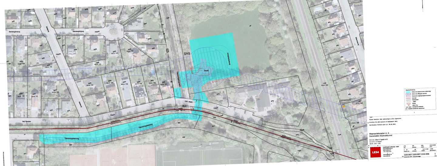 Ekspropriationsplan nr. 6 for byggepladsen DYS, placeret i Dyssegårdsparken samt delstrækning af tunnelen vedr. lb.nr. 110-123. Ekspropriationsplanen viser areal der eksproprieres midlertidigt til byggeplads samt areal der pålægges en servitut langs tunnelens tracé.
