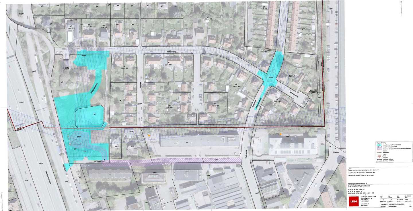 Ekspropriationsplan nr. 9 for byggepladsen LUN, SOL og STU samt en delstrækning af tunnelen vedr.  lb.nr. 175-188. Ekspropriationsplanen viser areal der eksproprieres midlertidigt til byggepladser samt areal der pålægges en servitut langs tunnelens tracé.