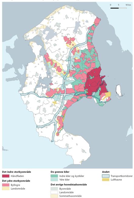 Figur 1 fra Fingerplan 2019. Kort fra Erhvervsstyrelsen visende indre og ydre storbysområde, de grønne kiler, det øvrige hovedstadsområde og andet.
