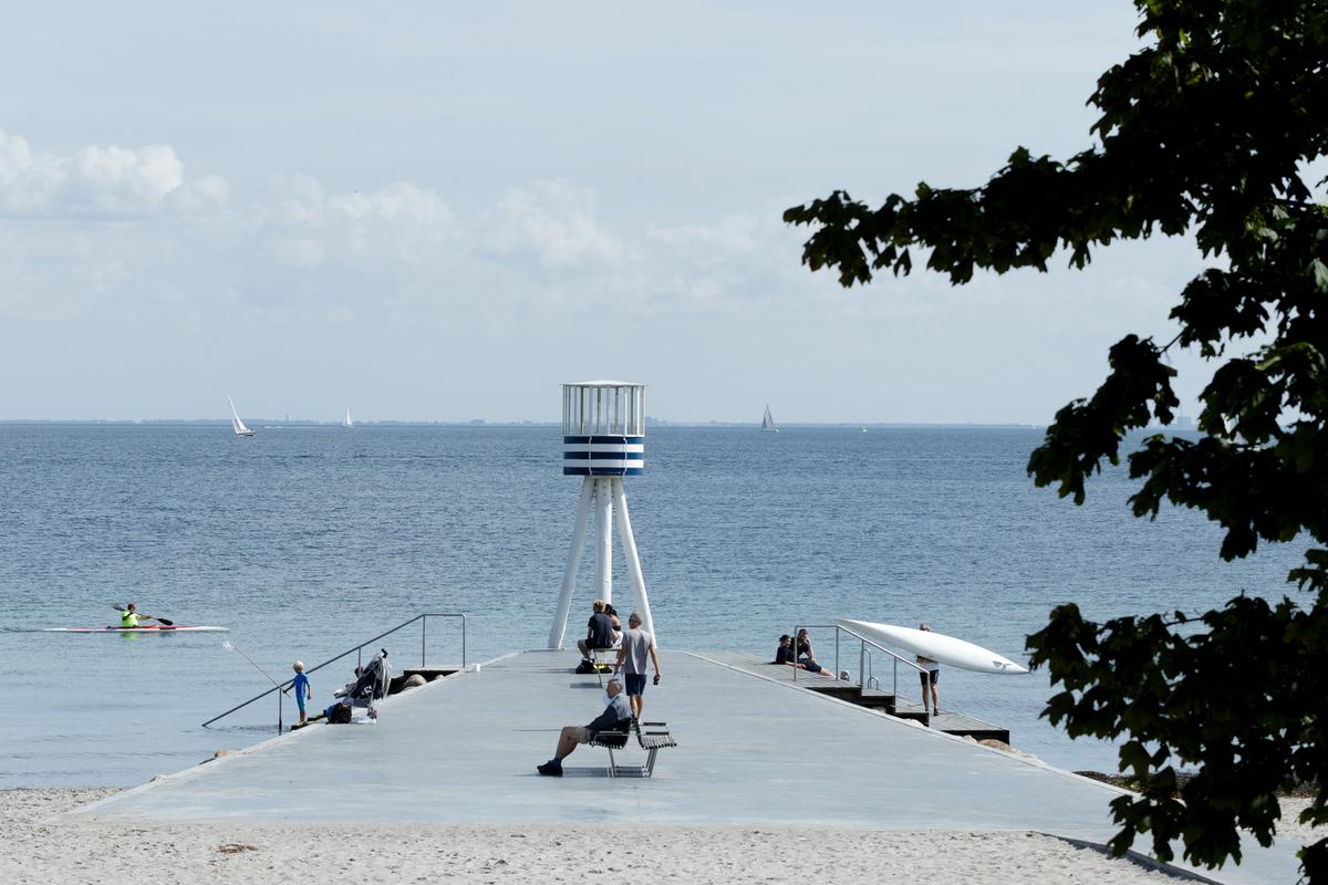 Bellevue strand udsigt ud over broen og tårnet
