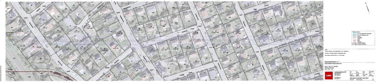 Ekspropriationsplan nr. 7 for en delstrækning af tunnelen vedr. lb.nr. 125-158. Ekspropriationsplanen viser areal der pålægges en servitut langs tunnelens tracé.
