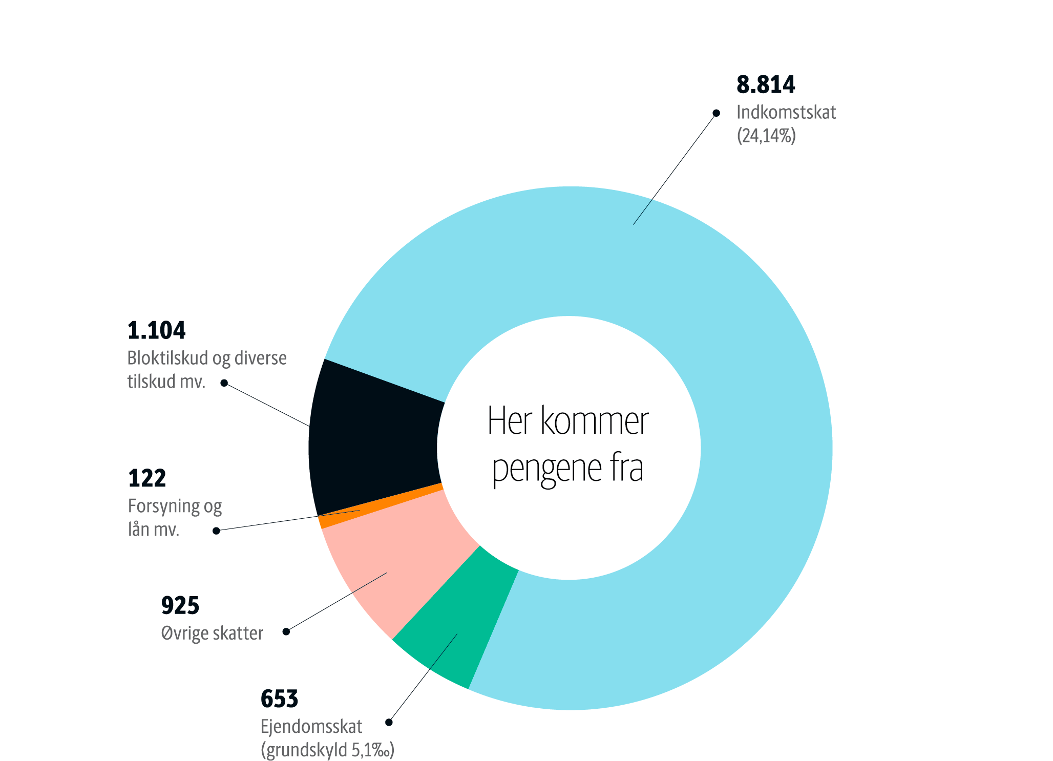 Her kommer penegen fra vist i et lagkagediagram