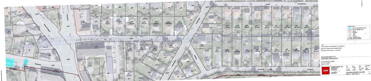 Ekspropriationsplan nr. 5 for en delstrækning af tunnelen vedr. lb.nr. 75-109. Ekspropriationsplanen viser areal der eksproprieres midlertidigt til byggeplads samt areal der pålægges en servitut langs tunnelens tracé.